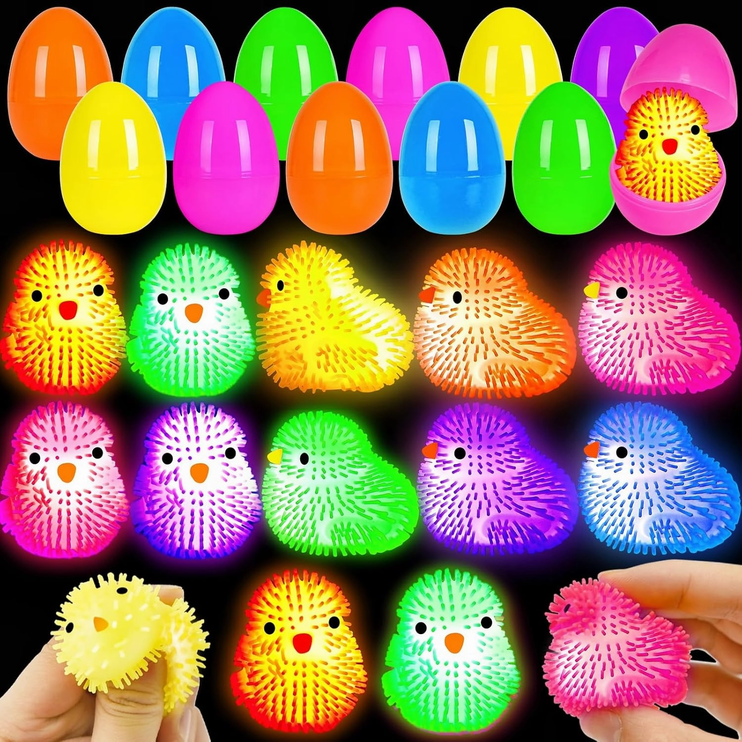 12 Pack Easter Eggs Filled Chick LED Puffer Balls,Light Up Toys Stuffers Stress Relief LED Ball for Kids Easter Egg Hunt Filling Treats Easter Basket Stuffers Easter Party Favor