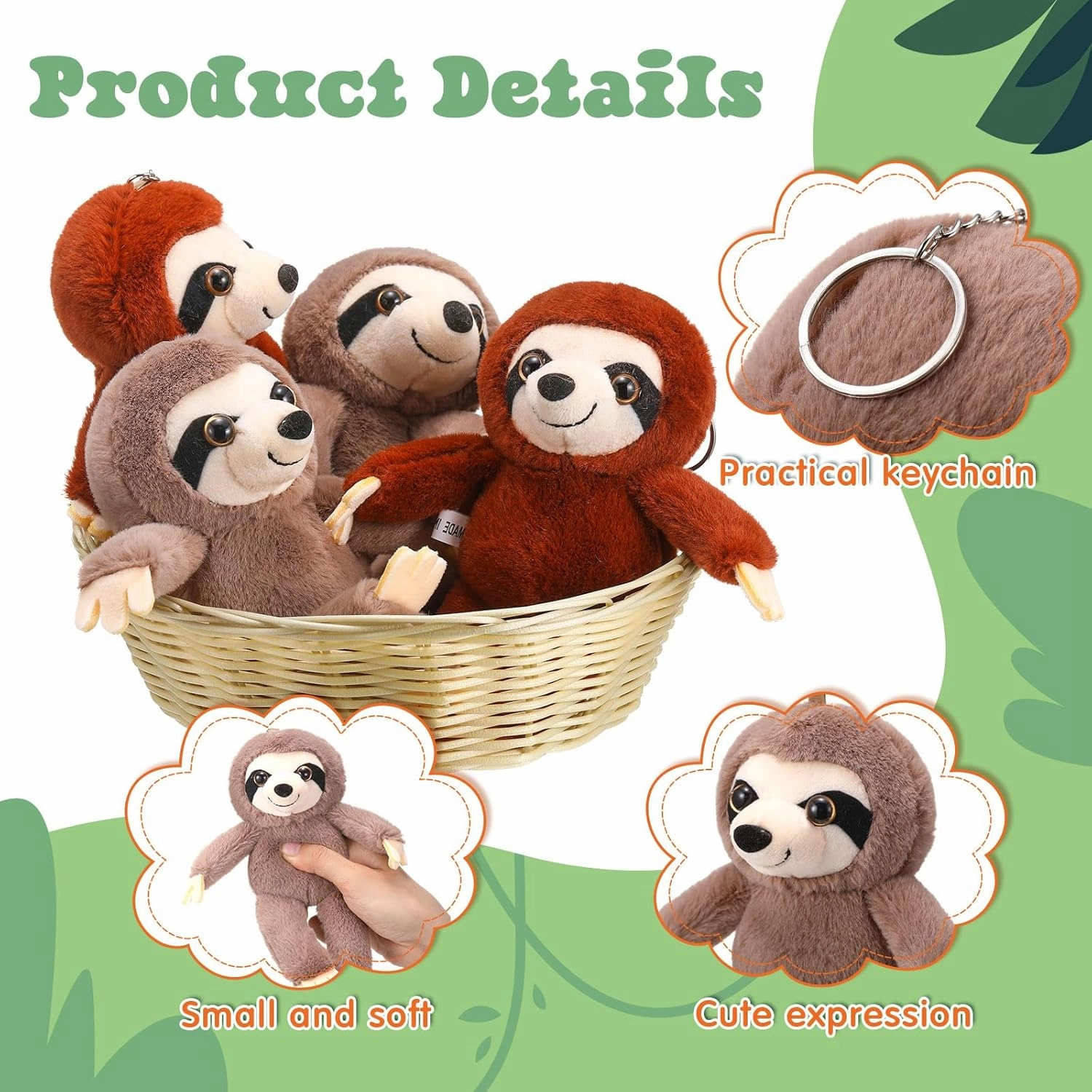 12 Pcs Lovely Sloth Mini Stuffed Animal Keychain Bulk 4 Inch Small Animal Plush Ornament Soft Adorable Jungle Toys for Graduation Birthday Forest Party Favors Backpack Decor