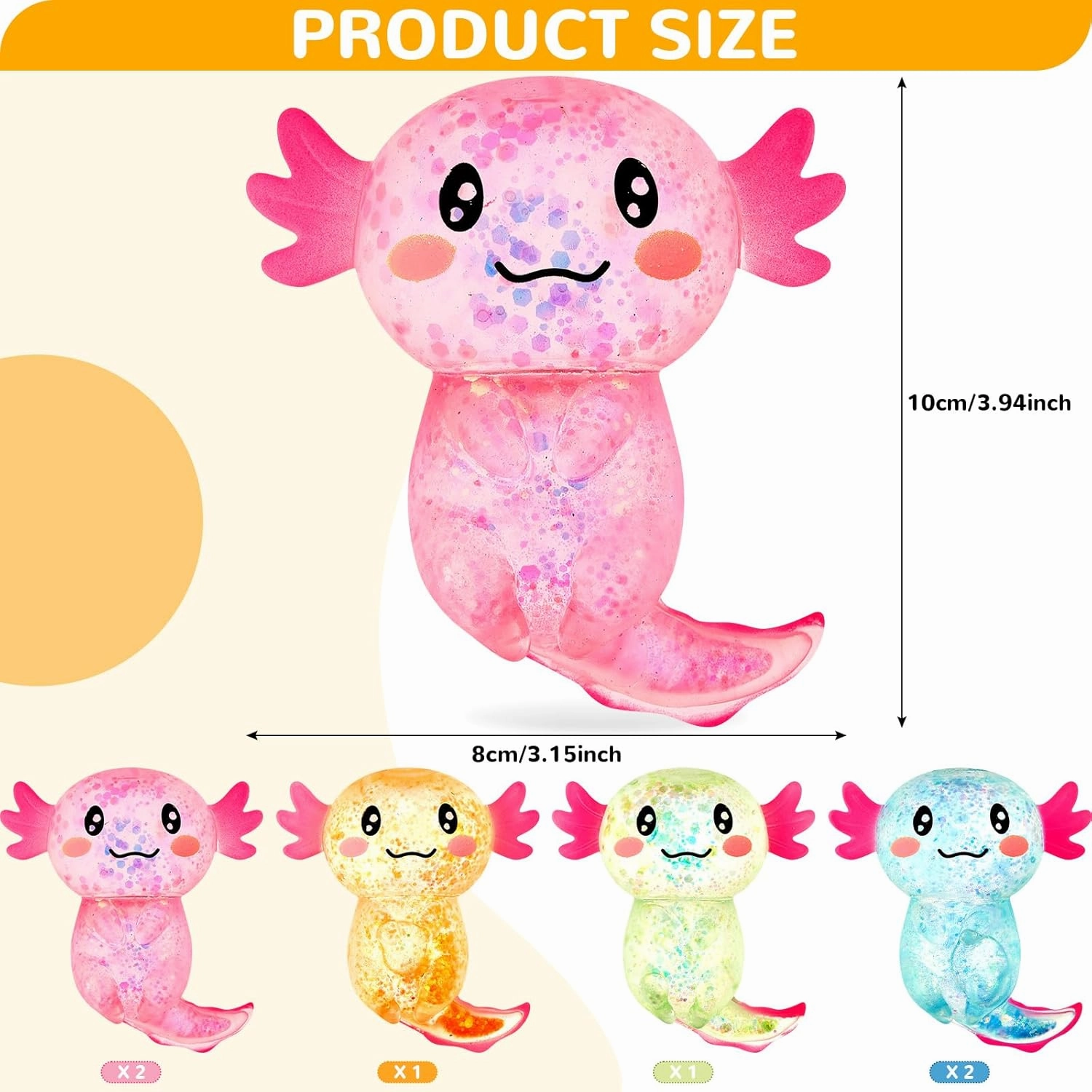12 Pcs Stress Relief Axolotl Squeeze Axolotl Party Favors 3. 94 x 3. 15 Inches Malt Sugar Filled Stretchy Fidget Stress Ball Toy for Adults Soothing Birthday Party Gift, 4 Styles (Glitter)