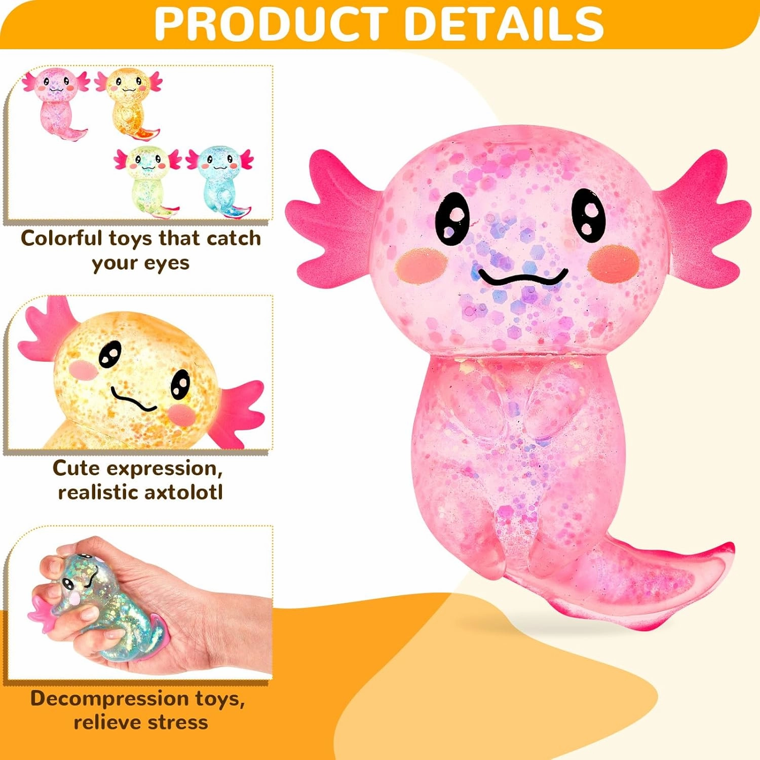 12 Pcs Stress Relief Axolotl Squeeze Axolotl Party Favors 3. 94 x 3. 15 Inches Malt Sugar Filled Stretchy Fidget Stress Ball Toy for Adults Soothing Birthday Party Gift, 4 Styles (Glitter)