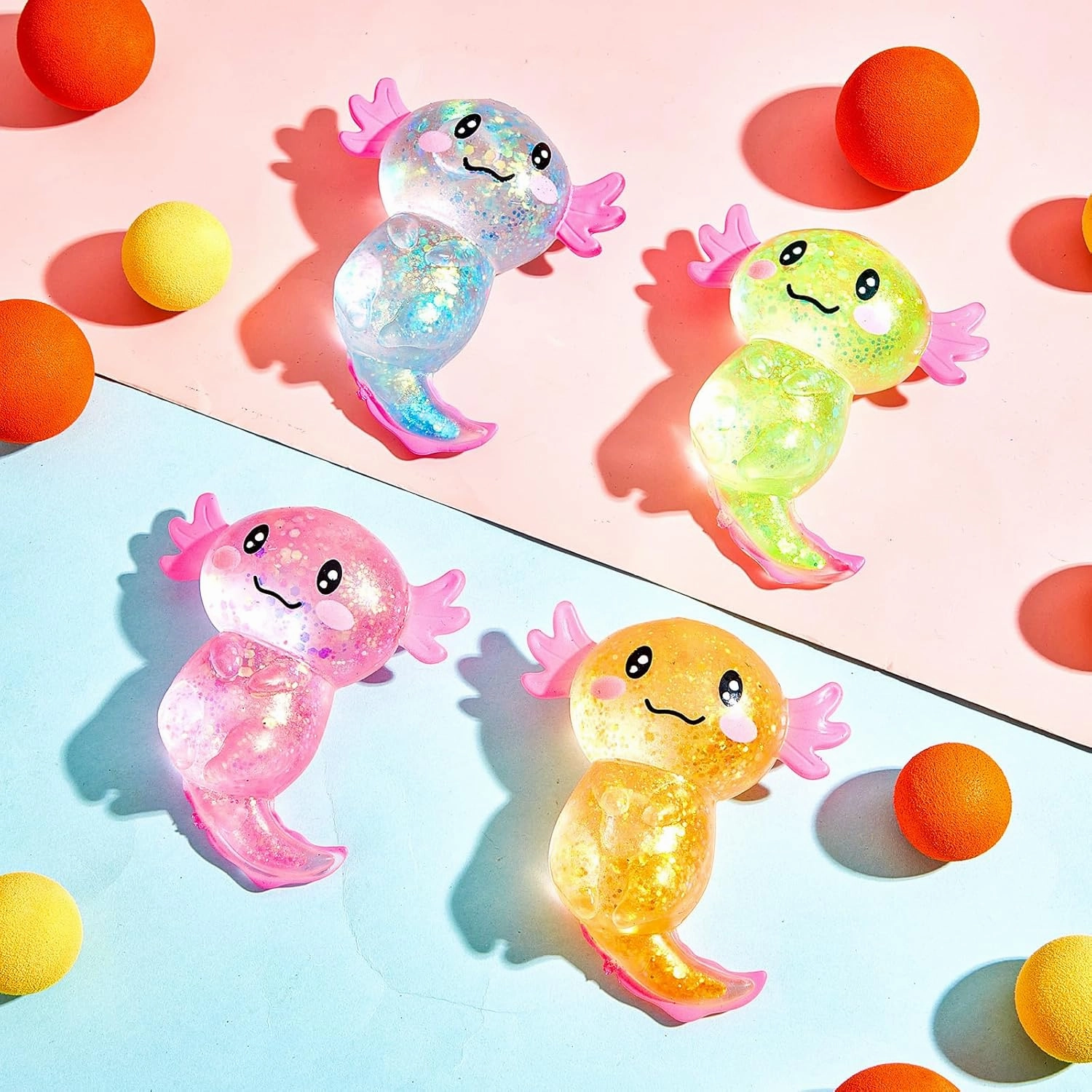 12 Pcs Stress Relief Axolotl Squeeze Axolotl Party Favors 3. 94 x 3. 15 Inches Malt Sugar Filled Stretchy Fidget Stress Ball Toy for Adults Soothing Birthday Party Gift, 4 Styles (Glitter)