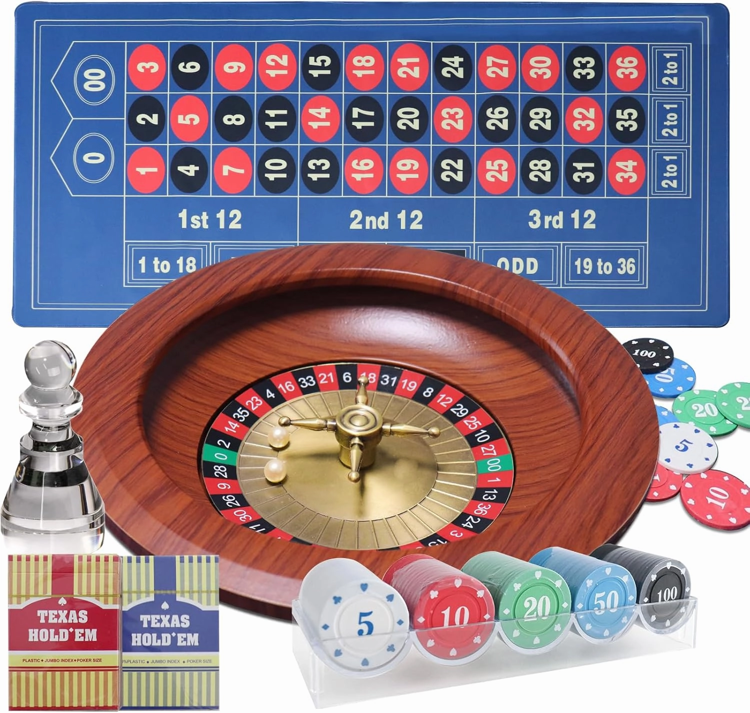 12” Roulette Wheel Set, Roulette Table Games with 12” Solid Wood Roulette Wheel, 47” x 24” Felt Roulette Mat, 100pcs Poker Chips, 2 Decks of Playing Cards for Casino Game, Gambling Games