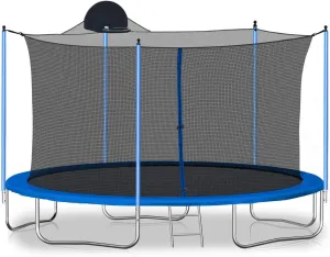 12FT Trampoline for Adults & Adolescent with Basketball Hoop, Outdoor Trampolines w/Ladder and Safety Enclosure Net for Adolescent and Adults, 200LBS