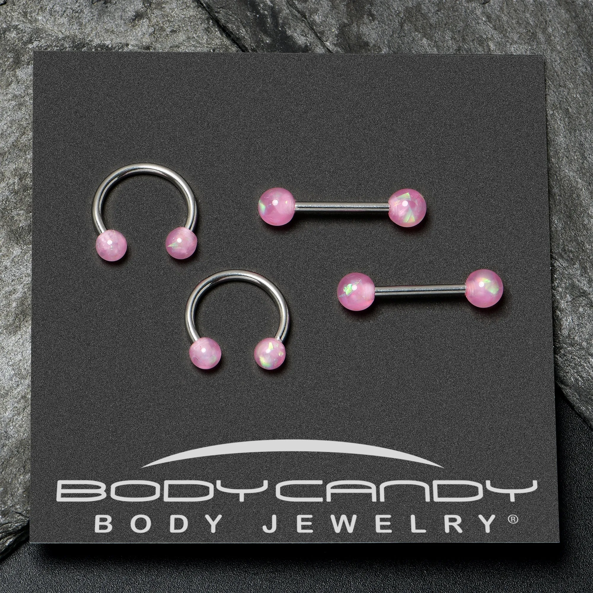 14 Gauge 3/8 9/16 Pink Faux Opal Horseshoe Barbell Nipple Ring Set of 4