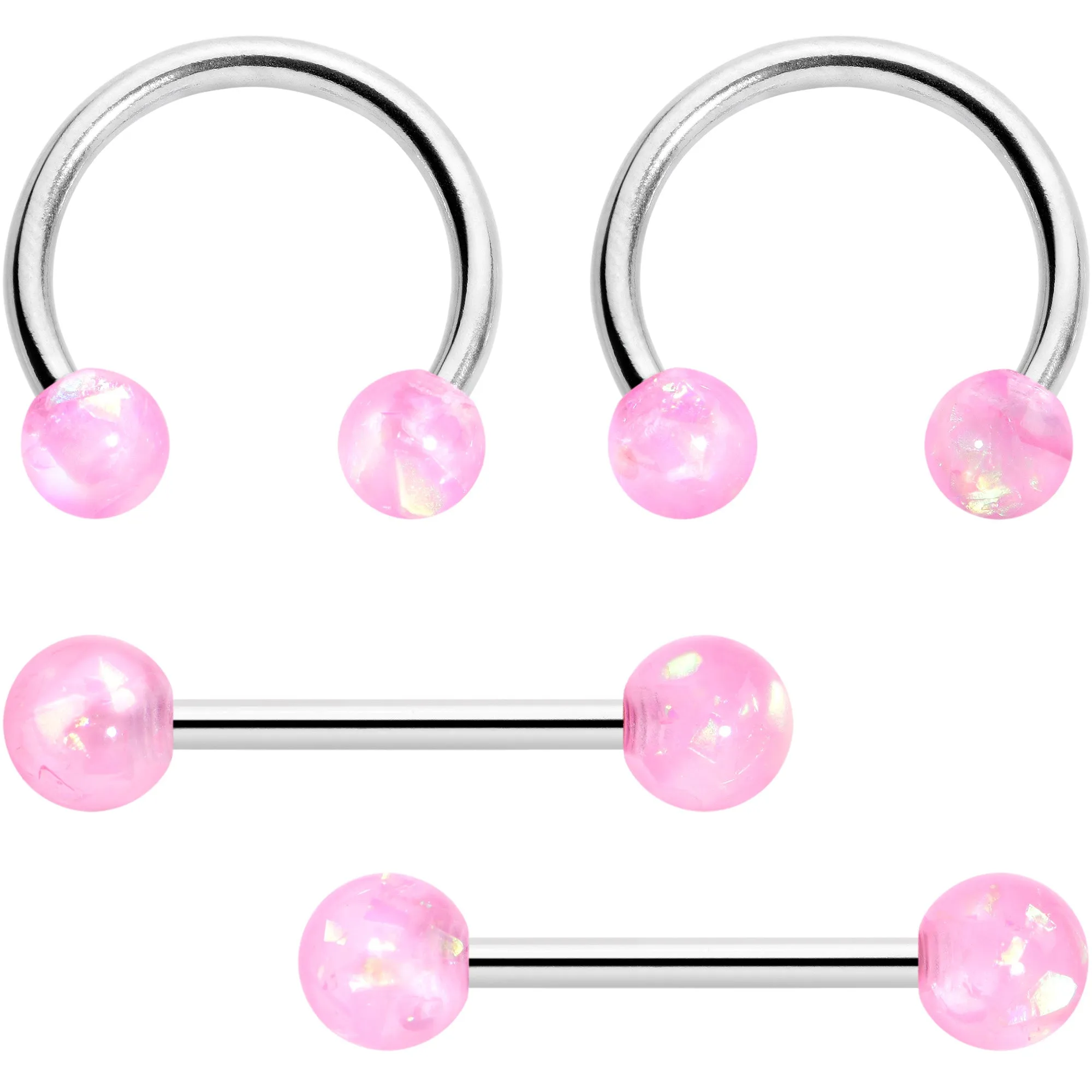 14 Gauge 3/8 9/16 Pink Faux Opal Horseshoe Barbell Nipple Ring Set of 4