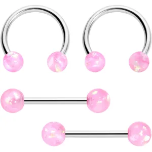 14 Gauge 3/8 9/16 Pink Faux Opal Horseshoe Barbell Nipple Ring Set of 4