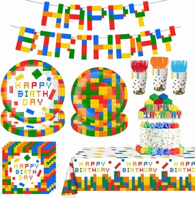 143 pieces building blocks party supplies, colorful building blocks party decorations including plates and napkins, forks, tablecloths, etc. for boys, girls building blocks birthday party decorations
