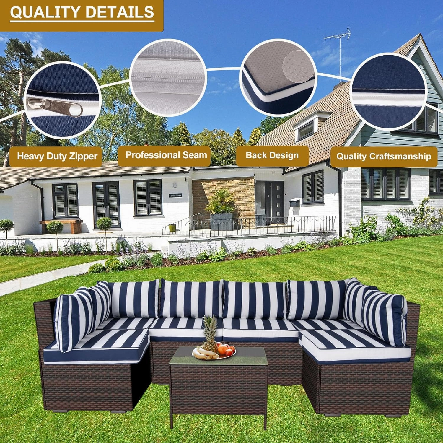 14 Piece Outdoor Patio Cushion Cover Replacement, Waterproof Patio Cushion Covers, Outdoor Furniture Cushion Covers Set for 6 Seat Wicker Rattan Sofa (Blue and White Stripes, 25.6 * 25.6 * 4 inch)