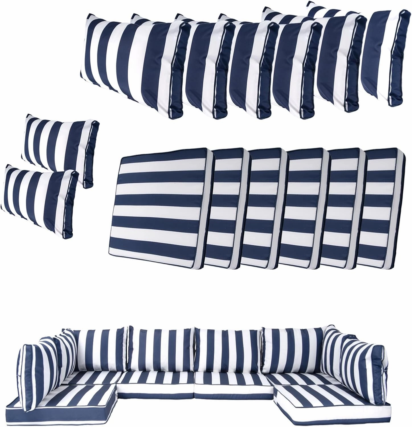14 Piece Outdoor Patio Cushion Cover Replacement, Waterproof Patio Cushion Covers, Outdoor Furniture Cushion Covers Set for 6 Seat Wicker Rattan Sofa (Blue and White Stripes, 25.6 * 25.6 * 4 inch)