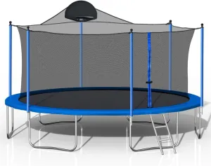 14FT Trampoline for Adults & Adolescent with Basketball Hoop, Outdoor Trampolines w/Ladder and Safety Enclosure Net for Adolescent and Adults, Double-Side Color Cover, 240LBS