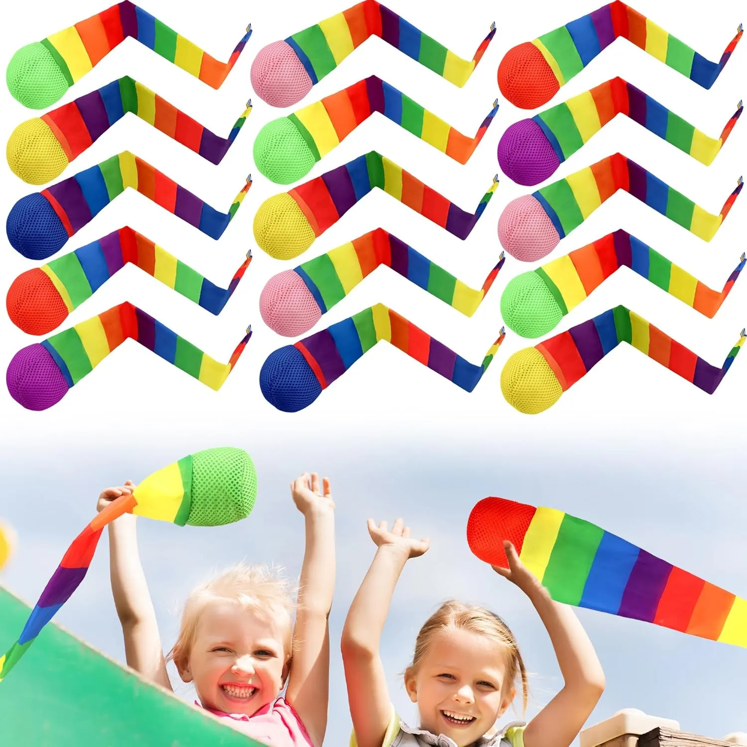 15 Pcs Rainbow Catch Tail Balls Foam Colorful Meteor Playground Sports Throw and Catch Ball with Rainbow Tail for School Educational Training