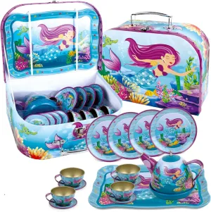 15 Piece Mermaid Tea Party Set for Little Girls, Pretend Tin Teapot Set, Princess Tea Time Play Kitchen Toy with Cups, Plates and Carrying Case for Birthday Gifts Kids Toddlers