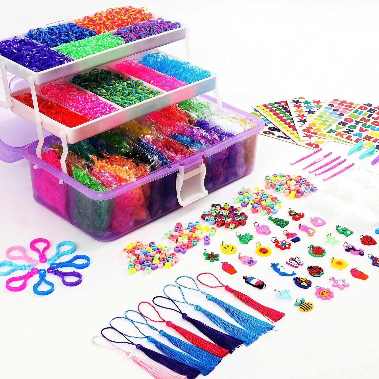 15000  Rubber Loom Bands, Mega Rubber Bands Bracelet Kit,Loom Bracelet Making Kit with 3 Layer Container,30 Colors,380 Beads,30 Charms,Clips, Hooks Tools for DIY Art Christmas Holiday Gift