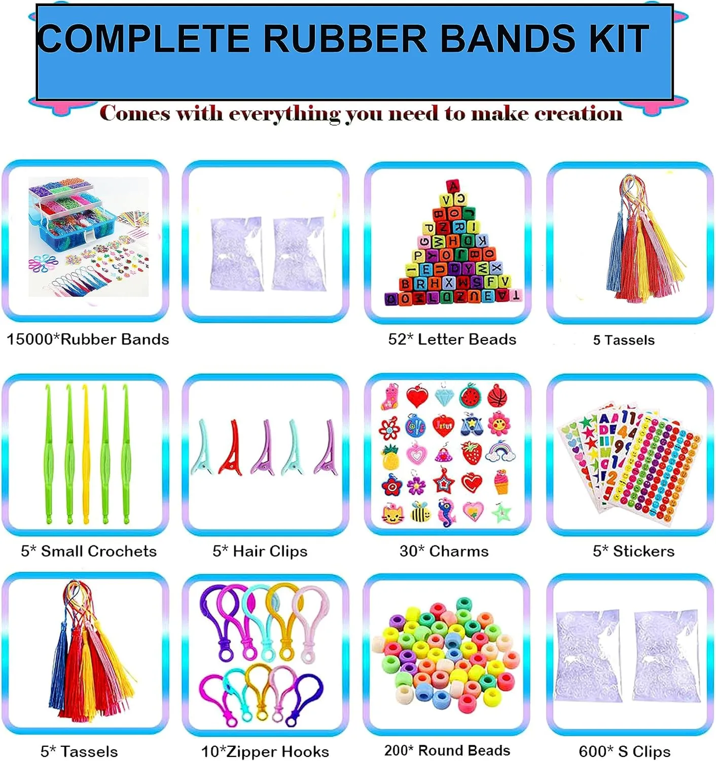 15000  Rubber Loom Bands, Mega Rubber Bands Bracelet Kit,Loom Bracelet Making Kit with 3 Layer Container,30 Colors,380 Beads,30 Charms,Clips, Hooks Tools for DIY Art Christmas Holiday Gift