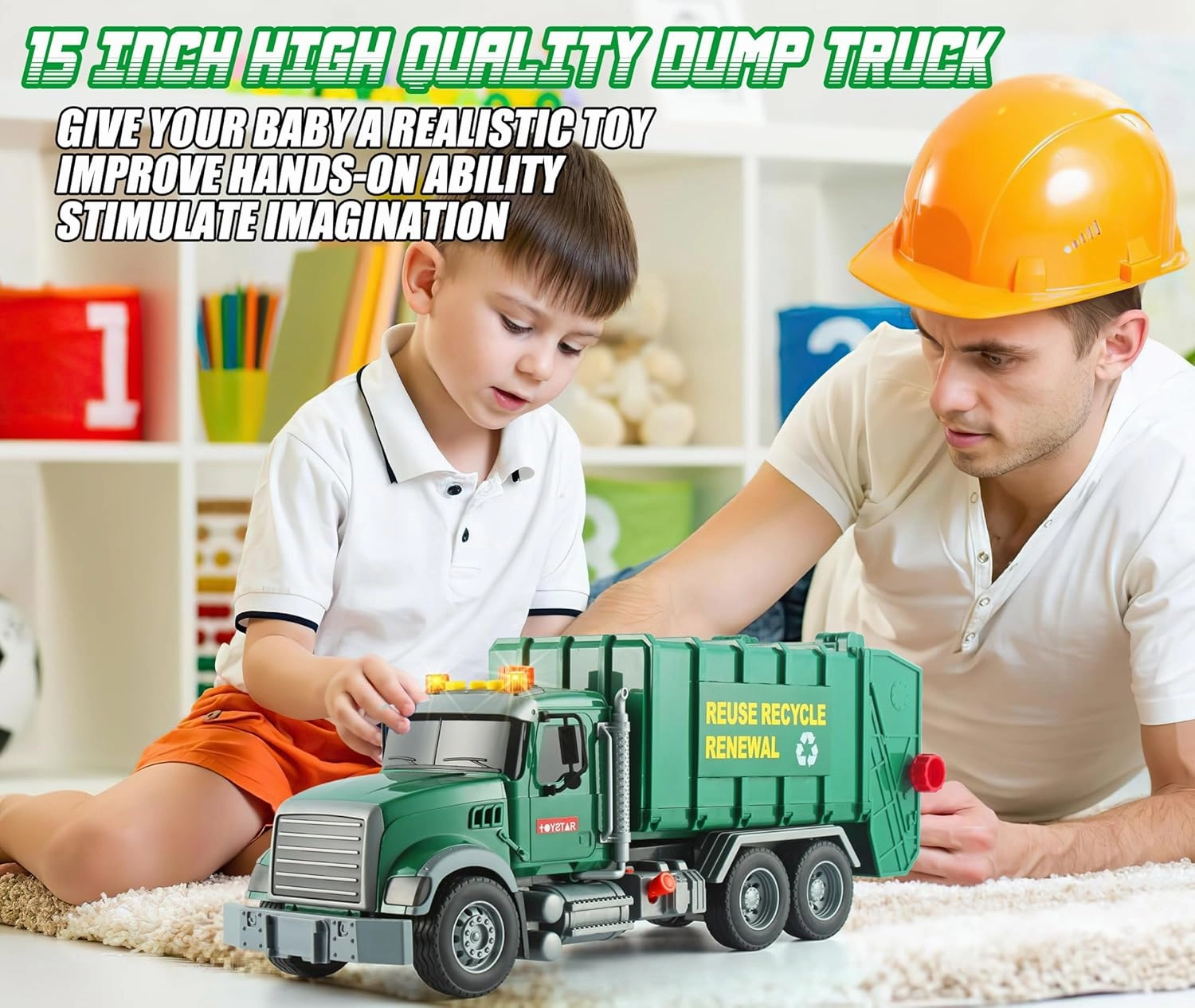 15" Garbage Truck Toy,Dump Friction Powered Waste Management Recycling Trash Truck with Lights &Sounds,3 Trash Can Lifter Gifts Toddler Toys for 3   (Garbage Truck)