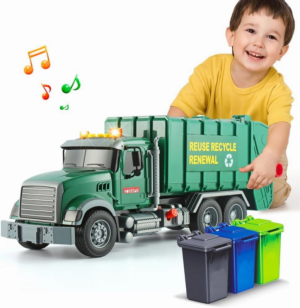 15" Garbage Truck Toy,Dump Friction Powered Waste Management Recycling Trash Truck with Lights &Sounds,3 Trash Can Lifter Gifts Toddler Toys for 3   (Garbage Truck)