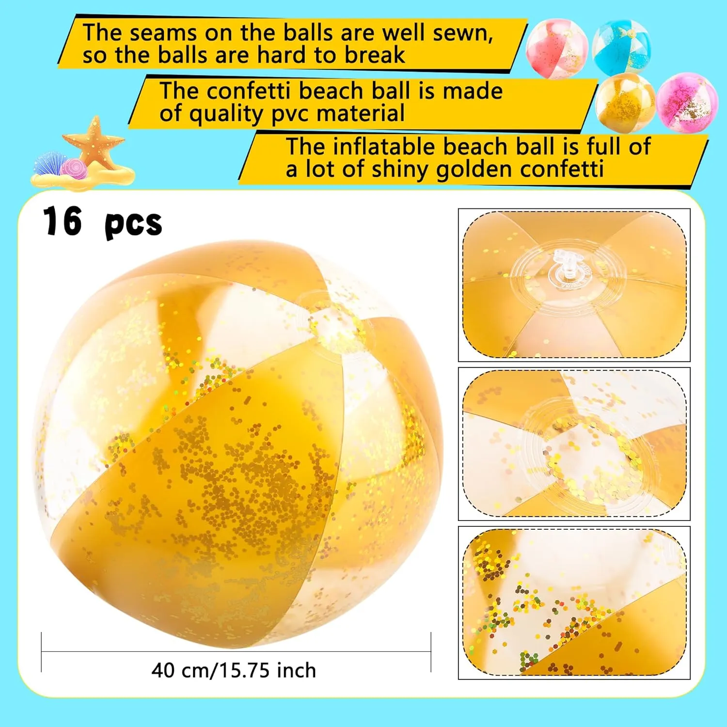 16 Pack 16 Inch Inflatable Glitter Beach Ball Blow Up Clear Beach Ball Confetti Beach Sand Balls for Kids Summer Beach Pool Toys Hawaii Theme Party Favors (Rose Gold)