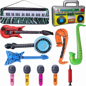 16 Pcs Inflatable Rockstar Toy Set, Inflatable Instruments Set, Inflatable Guitar Lute Microphone Saxophone Bass Radio Keyboard Glasses Inflatable Toys Bulk for Rock n Roll Party Decorations