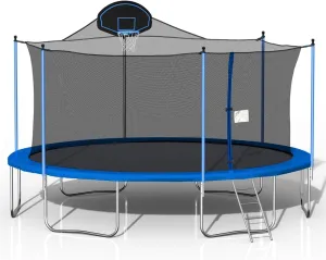 16FT Trampoline for Adults & Adolescent with Basketball Hoop, Outdoor Trampolines w/Ladder and Safety Enclosure Net for Adolescent and Adults, Double-Side Color Cover, 330LBS