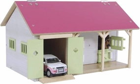 1:32 Scale Wooden Horse Stable Toy with 2 Stalls Pink/White/Light Green KG610245