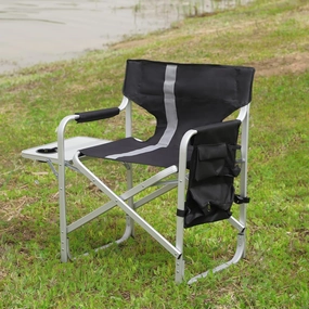 1-Piece Padded Folding Outdoor Chair with Side Table and Storage Pockets, Lightweight Oversized Design, Black/Grey