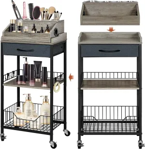 2-in-1 Rolling Large Makeup Cart Organizer with Drawer & Hair Tool Holder, Modular Cosmetic Storage Cart, Mobile Skincare Organizer for Bathroom, Bedroom, Vanity Storage (Black Finish)