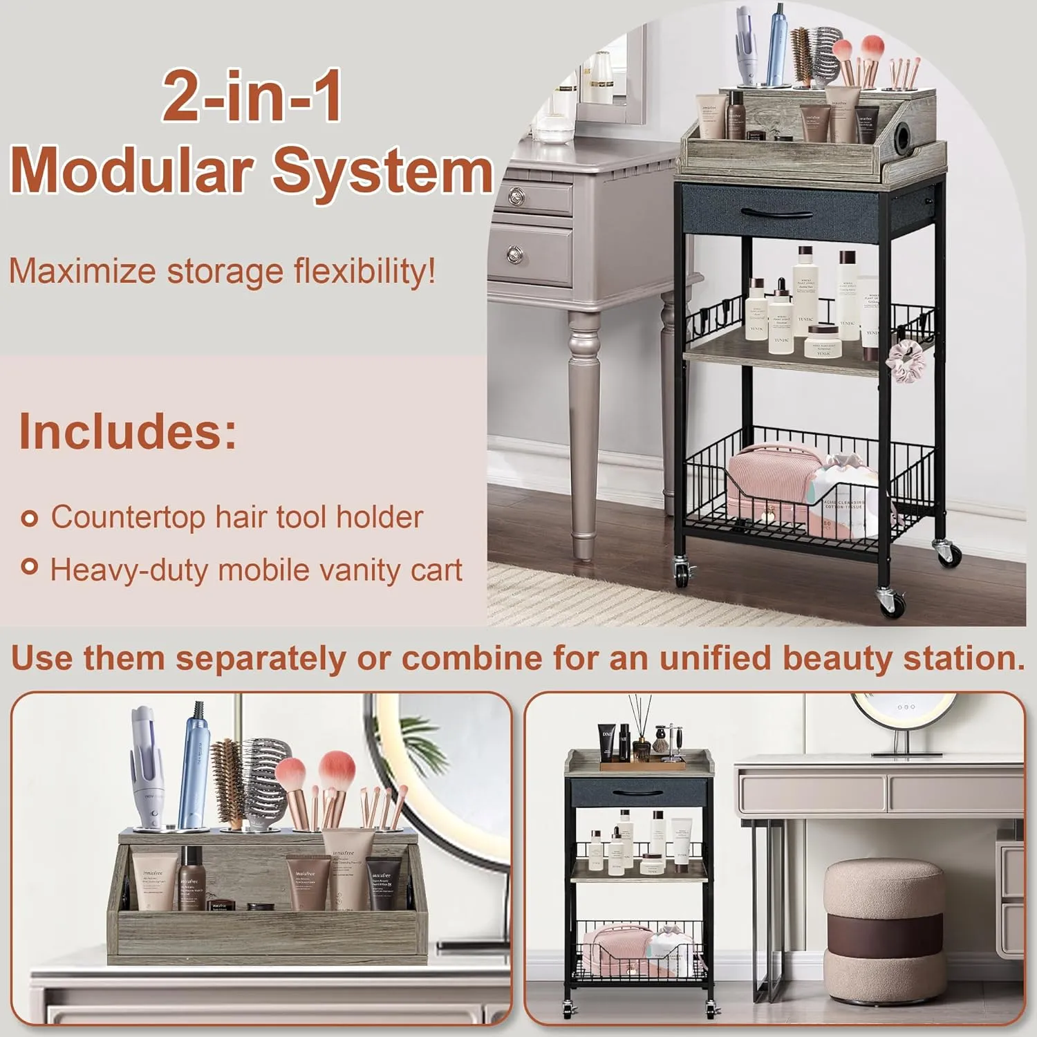 2-in-1 Rolling Large Makeup Cart Organizer with Drawer & Hair Tool Holder, Modular Cosmetic Storage Cart, Mobile Skincare Organizer for Bathroom, Bedroom, Vanity Storage (Black Finish)