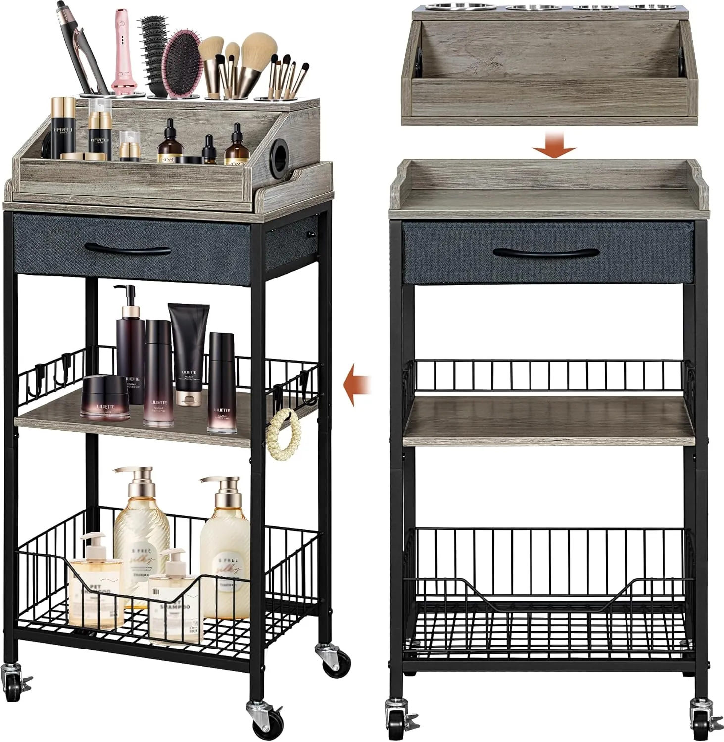 2-in-1 Rolling Large Makeup Cart Organizer with Drawer & Hair Tool Holder, Modular Cosmetic Storage Cart, Mobile Skincare Organizer for Bathroom, Bedroom, Vanity Storage (Black Finish)