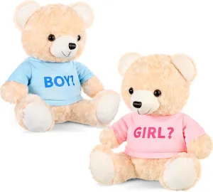 2 Pack Boy or Girl Bears 14 Inch Blue and Pink Plush T-Shirt Bears Toy for Gender Reveal Baby Shower Decoration
