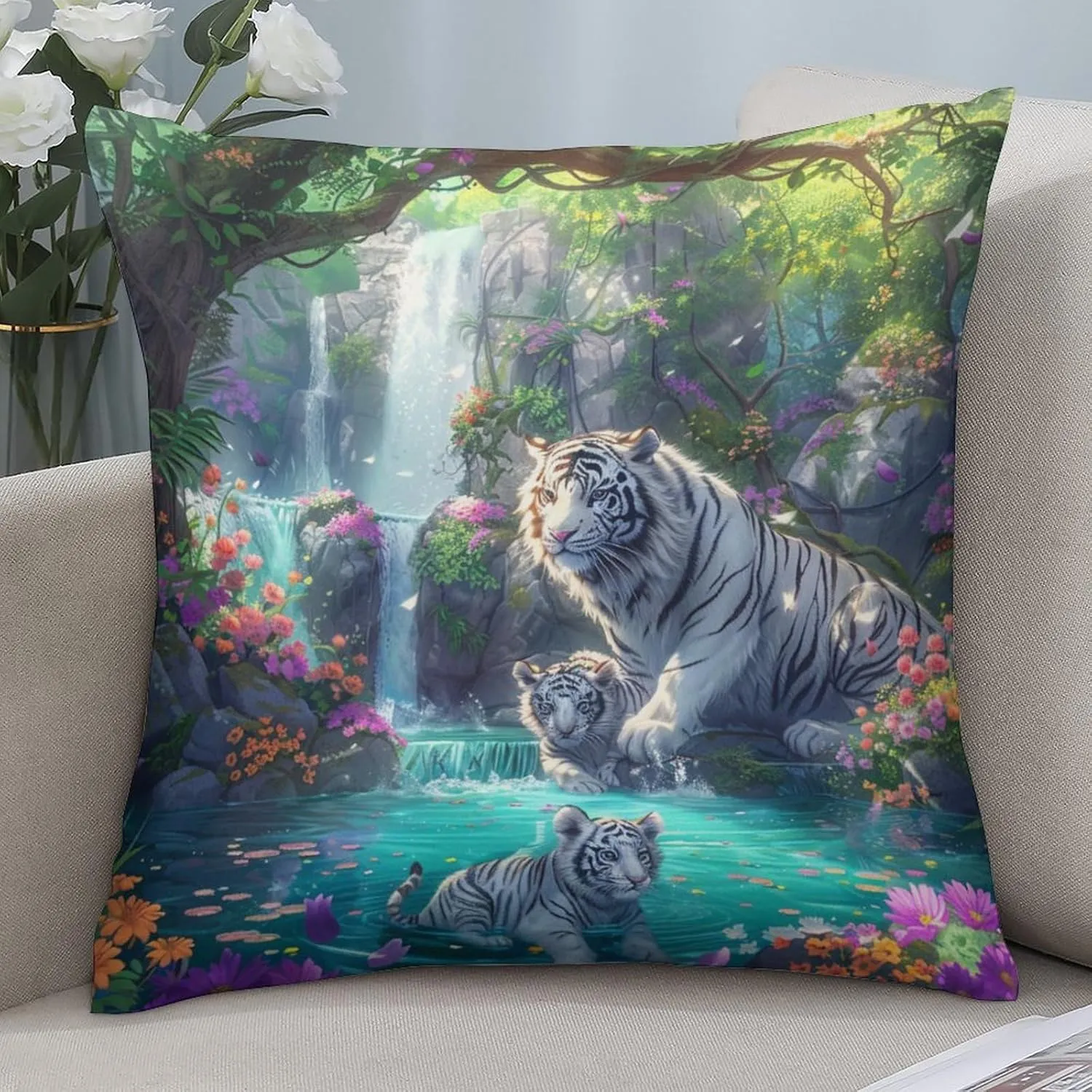 2 Packs Cartoon Tiger Animal Throw Pillow Covers for Living Room, Colorful Floral Waterfall Pillow Covers Cushion Case for Couch Sofa Bed, 20x20 inch