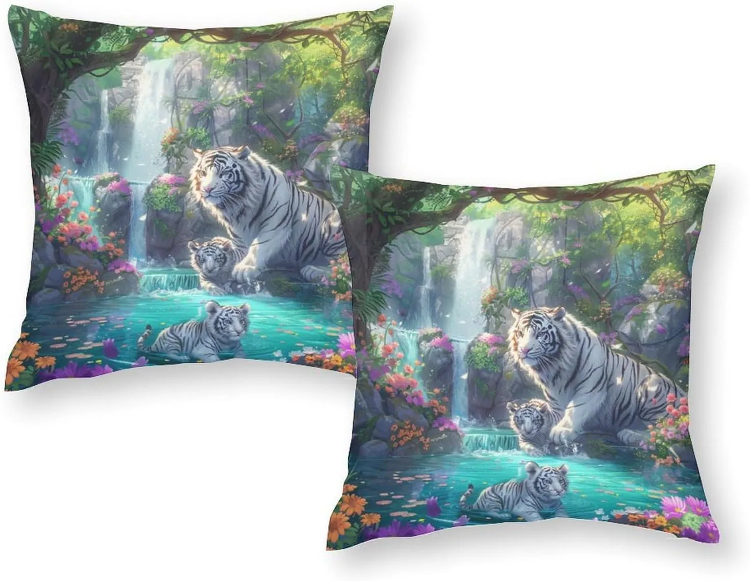 2 Packs Cartoon Tiger Animal Throw Pillow Covers for Living Room, Colorful Floral Waterfall Pillow Covers Cushion Case for Couch Sofa Bed, 20x20 inch