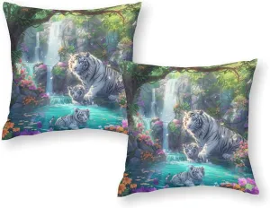 2 Packs Cartoon Tiger Animal Throw Pillow Covers for Living Room, Colorful Floral Waterfall Pillow Covers Cushion Case for Couch Sofa Bed, 20x20 inch