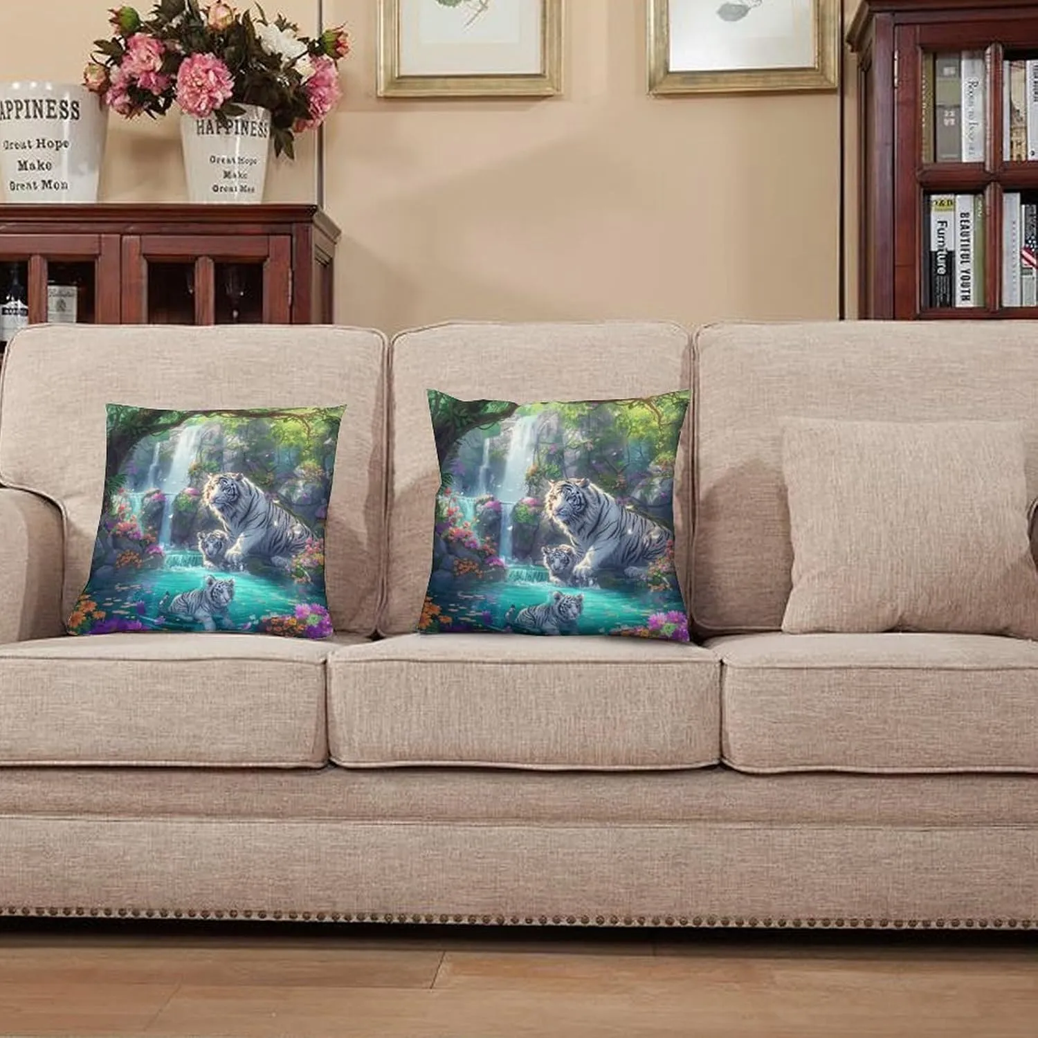2 Packs Cartoon Tiger Animal Throw Pillow Covers for Living Room, Colorful Floral Waterfall Pillow Covers Cushion Case for Couch Sofa Bed, 20x20 inch