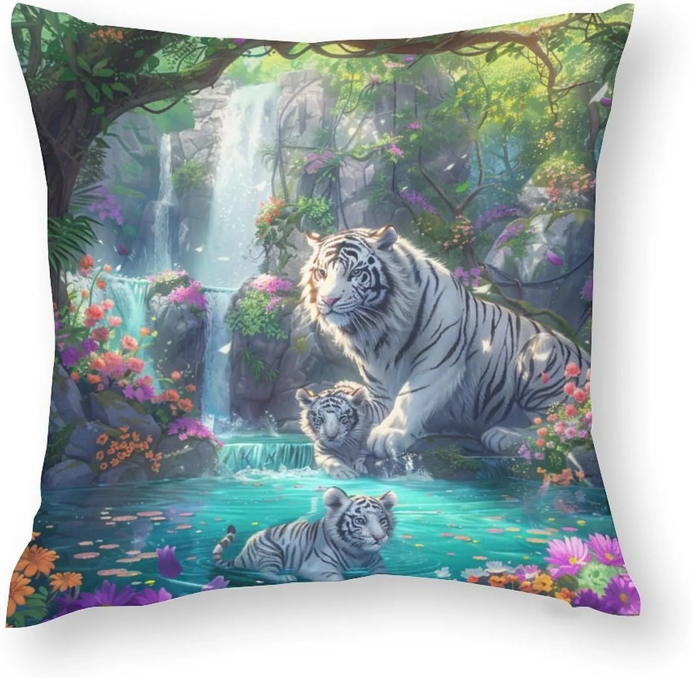 2 Packs Cartoon Tiger Animal Throw Pillow Covers for Living Room, Colorful Floral Waterfall Pillow Covers Cushion Case for Couch Sofa Bed, 20x20 inch
