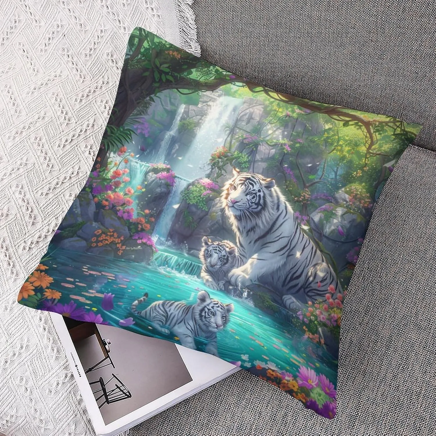 2 Packs Cartoon Tiger Animal Throw Pillow Covers for Living Room, Colorful Floral Waterfall Pillow Covers Cushion Case for Couch Sofa Bed, 20x20 inch
