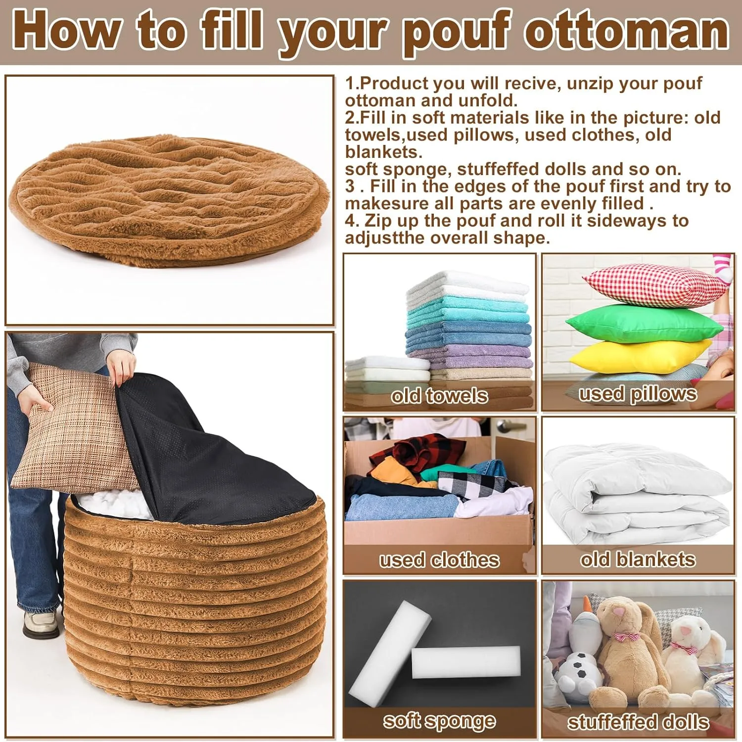2 Pcs Unstuffed Pouf Cover Ottoman Foot Rest Faux Rabbit Fur Foot Stool Floor Bean Bag Floor Chair Storage for Living Room Bedroom Home Decor, No Filler (Brown,26 x 18 in)