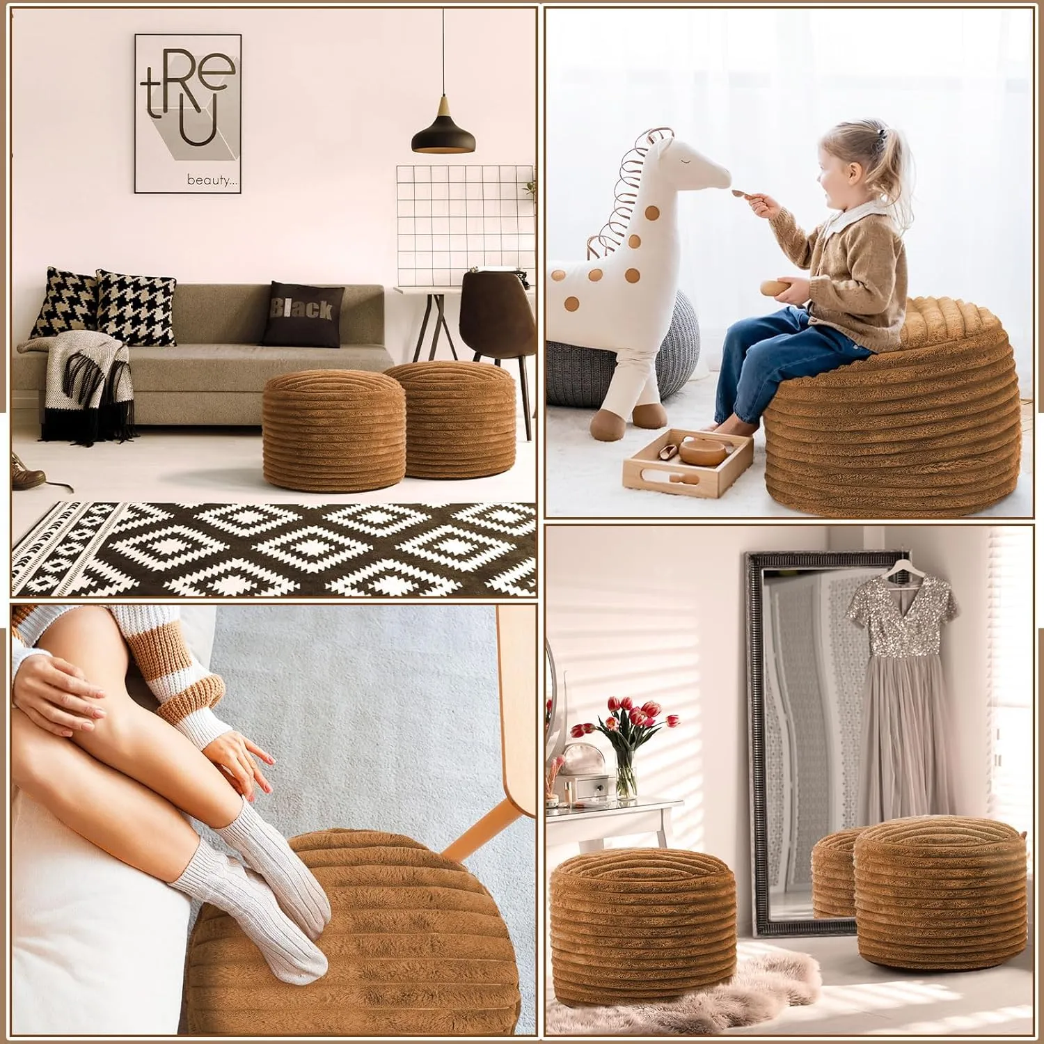 2 Pcs Unstuffed Pouf Cover Ottoman Foot Rest Faux Rabbit Fur Foot Stool Floor Bean Bag Floor Chair Storage for Living Room Bedroom Home Decor, No Filler (Brown,26 x 18 in)