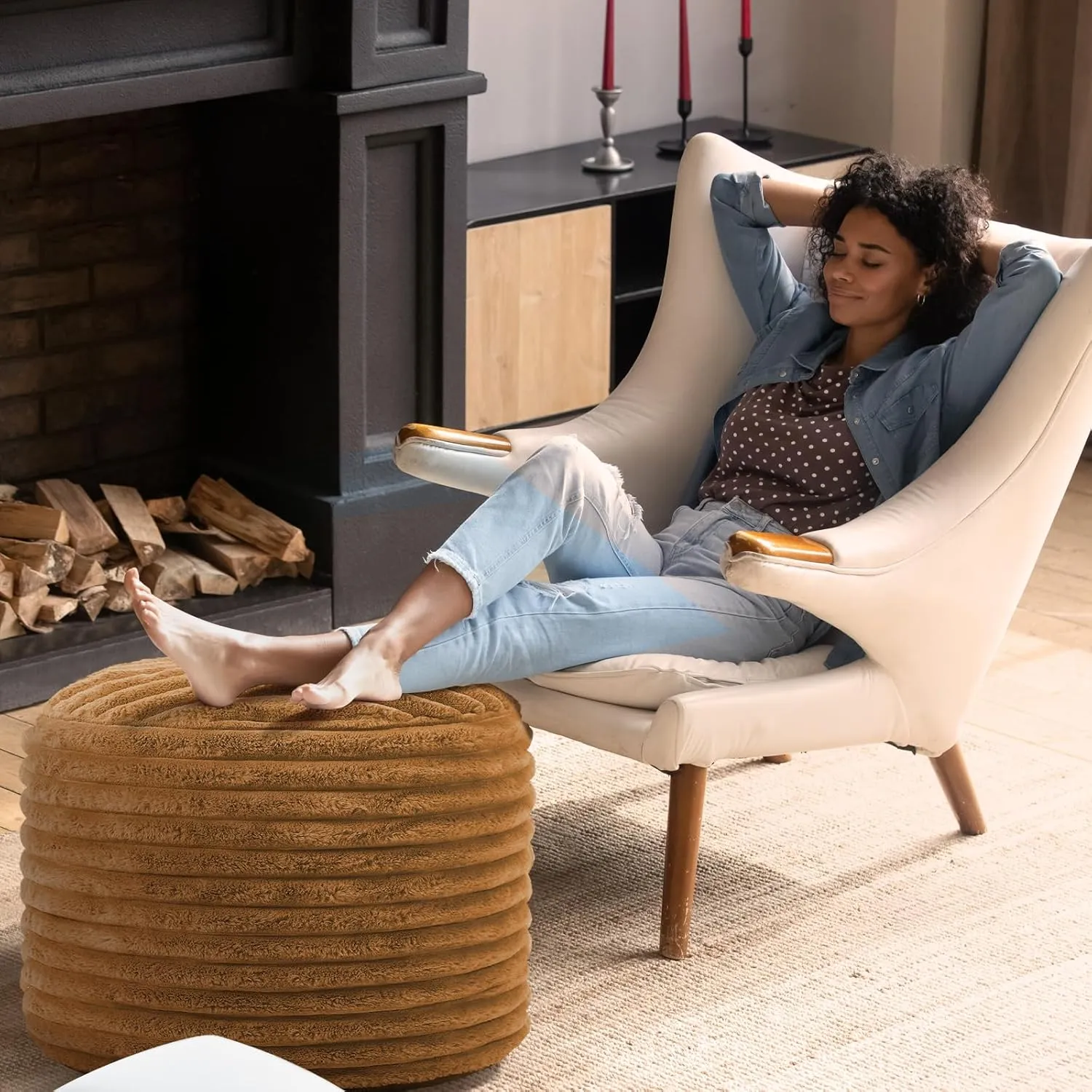 2 Pcs Unstuffed Pouf Cover Ottoman Foot Rest Faux Rabbit Fur Foot Stool Floor Bean Bag Floor Chair Storage for Living Room Bedroom Home Decor, No Filler (Brown,26 x 18 in)