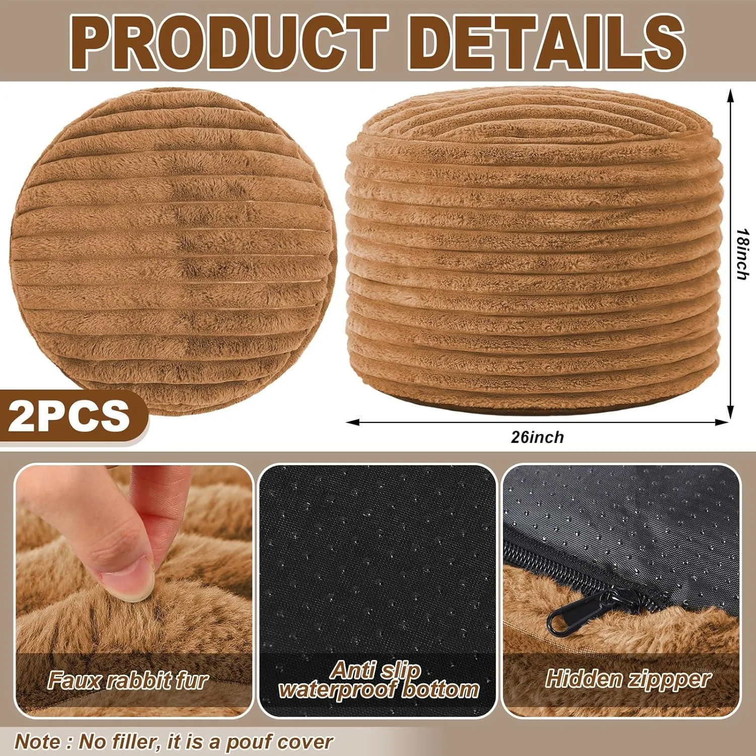 2 Pcs Unstuffed Pouf Cover Ottoman Foot Rest Faux Rabbit Fur Foot Stool Floor Bean Bag Floor Chair Storage for Living Room Bedroom Home Decor, No Filler (Brown,26 x 18 in)