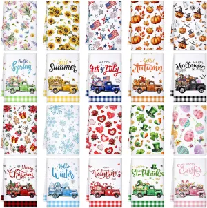 20 Pcs Seasonal Kitchen Towels Holiday Decorative Hand Towels Set Easter Spring Summer 4th of July Dish Cloths 16 x 24 Colorful Wash Cloths with Hanging Loop(Truck)