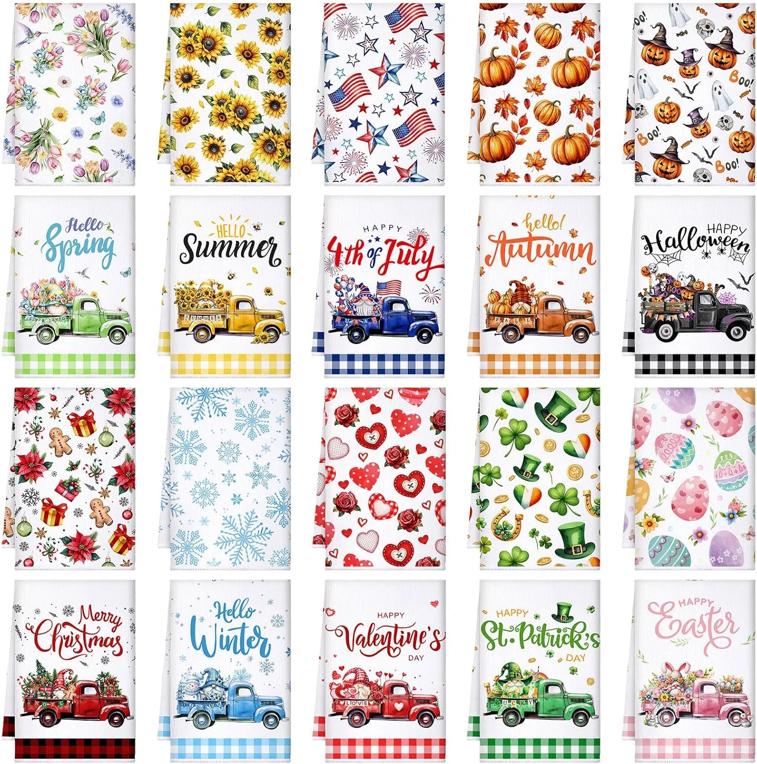 20 Pcs Seasonal Kitchen Towels Holiday Decorative Hand Towels Set Easter Spring Summer 4th of July Dish Cloths 16 x 24 Colorful Wash Cloths with Hanging Loop(Truck)