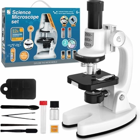 200X-1200X Kids Beginner Microscope, 28- PCS with Slides, LED Light, Carrying Box, Science Experiments Kit Toys for Kids 8 9 10 Birthday Gift