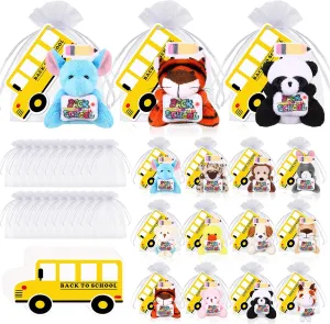 24 Set Welcome Back to School Gifts for Students Mini Stuffed Plush Animal Keychains Toys Bulk with Bus Tags Organza Goodie Bag for First Day of School Classroom Gift Party Favor
