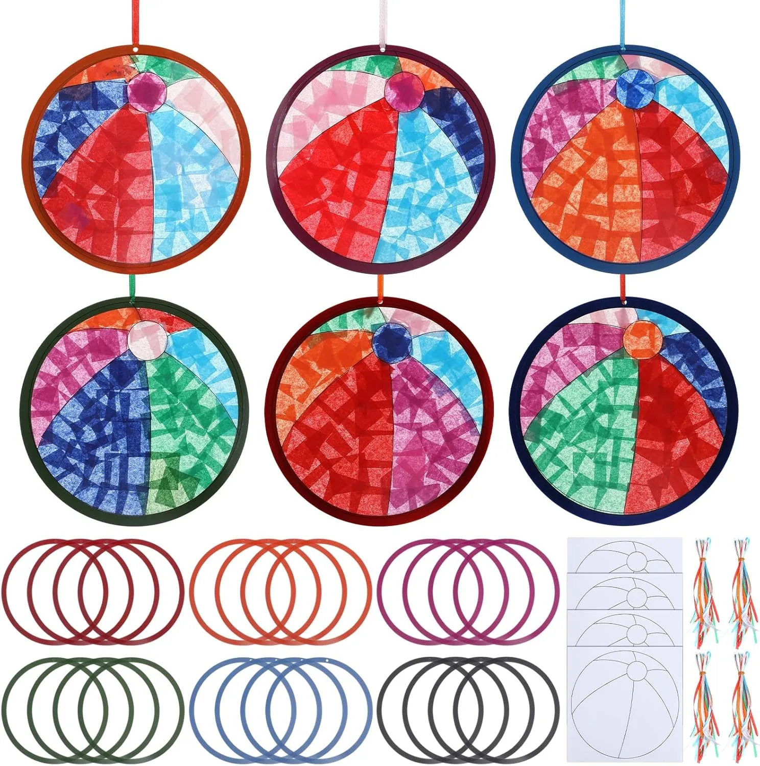 24 Sets Summer Crafts Beach Ball Paper Craft Kits Tissue Paper Sign with Colorful Sticker Acetates DIY Beach Ball Art Kits for Office Activities Holiday Summer Theme Party