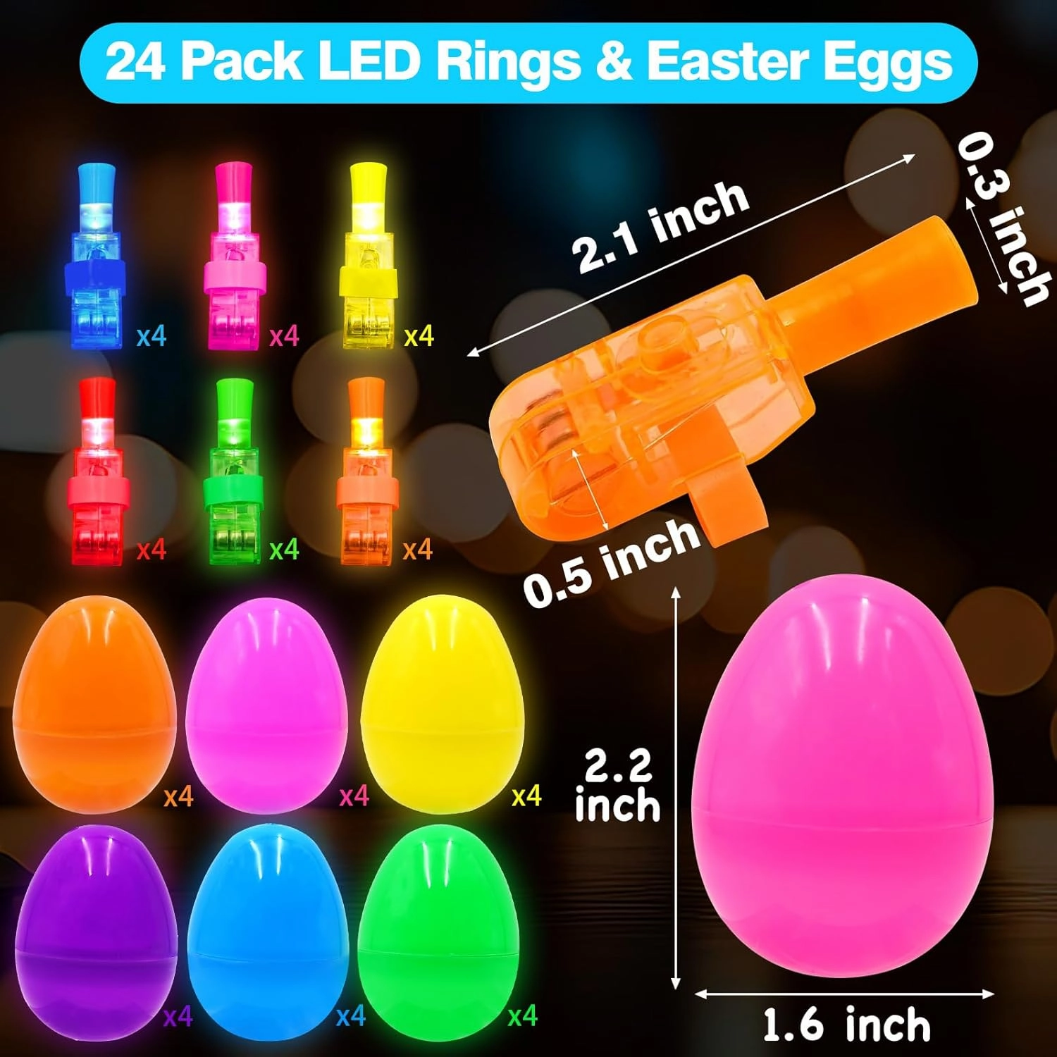 24 Pack Easter Eggs Filled LED Finger Lights, Light Up Toys Bulk Glow in The Dark Toy for Kids Easter Egg Fillers Easter Hunt Filling Treats Easter Party Favor Basket Stuffers