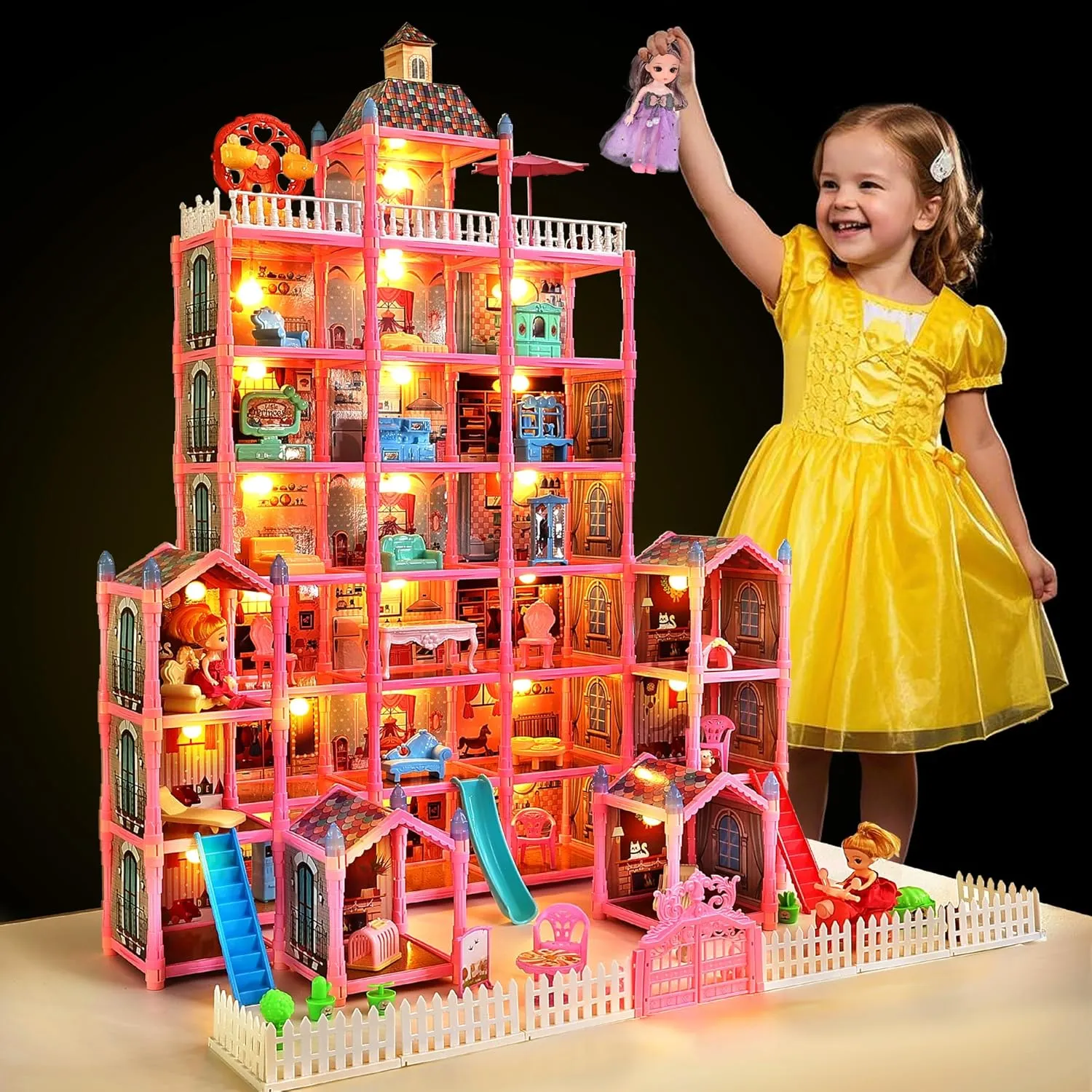 29 Rooms Doll House for Girls, DIY Play House Toys with Dolls Figure, Puppies,Furnitures, Glow-in-The-Dark Accessories, LED Light, Kids Doll House Gift Toy for Kids Ages 3 4 5 6 7 8 