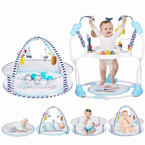 2-in-1 Baby Play Gym & Activity Center | Tummy Time Mat for 0–18 Months   3-in-1 Jumper with 360° Seat, Music & Lights for 6  Months Blue