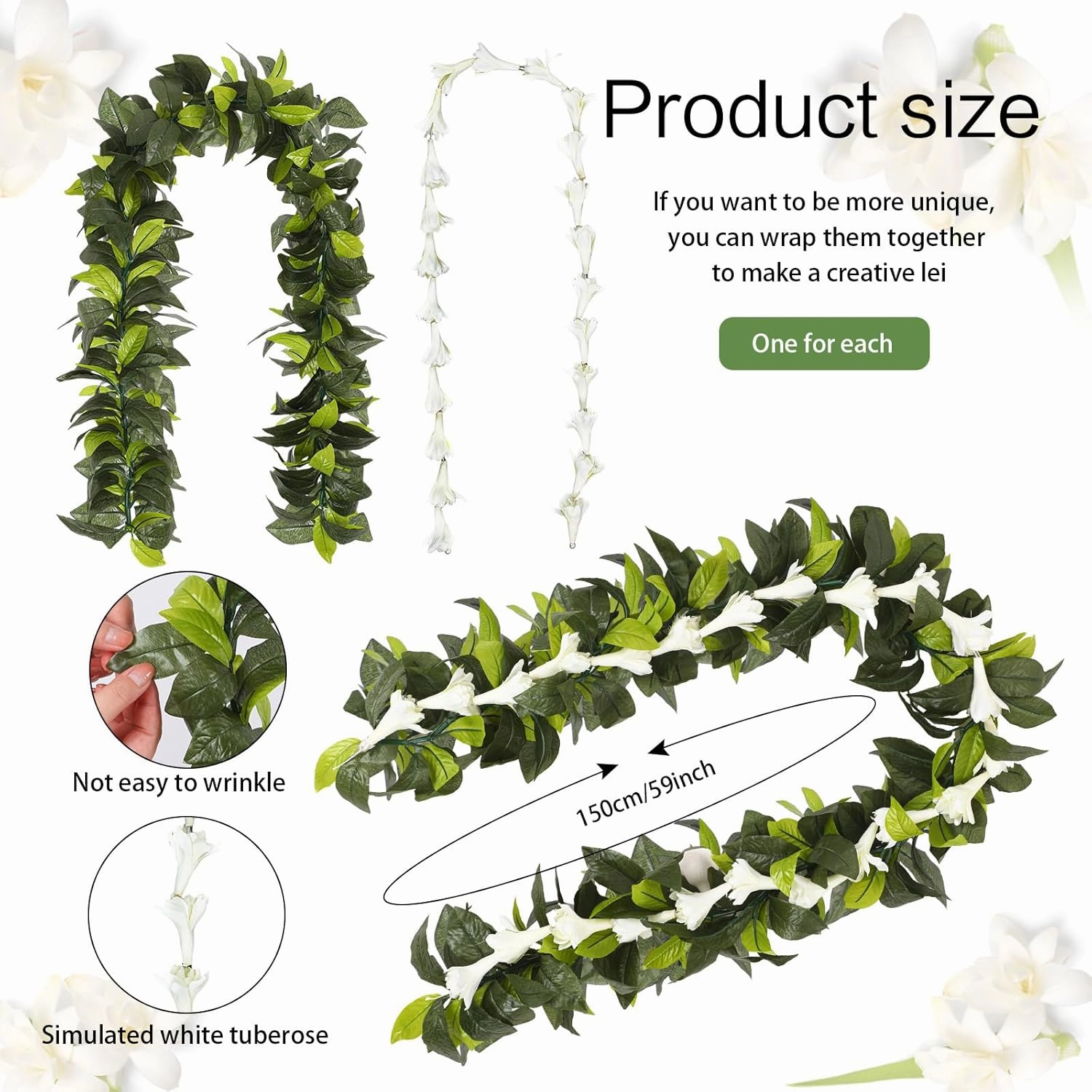 2 Pack Hawaiian Luau Maile and White Tuberose Lei Artificial Graduation Lei Leaf Flower Necklace for Wedding Hawaiian Graduation Party, 4.9ft