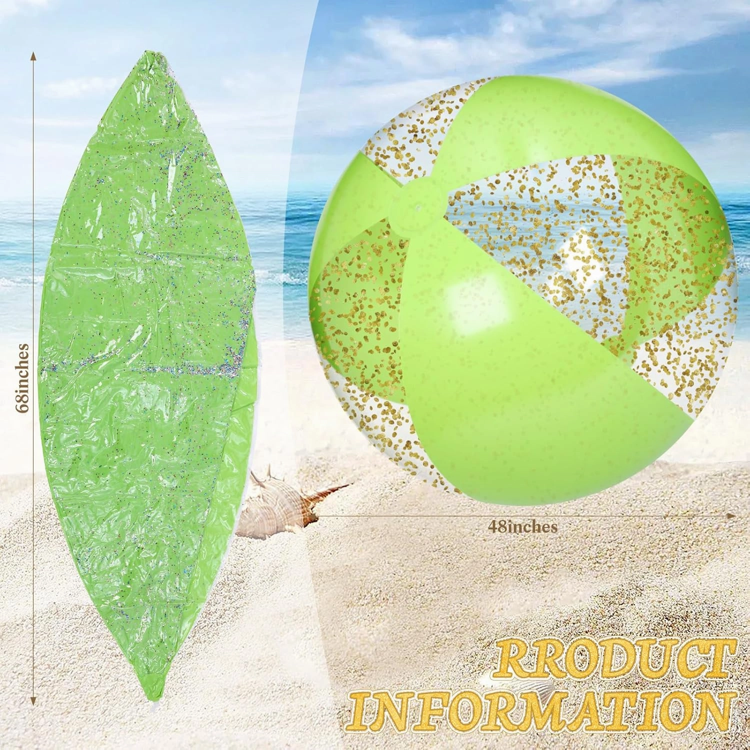 2 Pcs 48'' Giant Beach Balls for Swimming Pool 4 Ft Jumbo Glitter Confetti Inflatable PVC Pool Balls Large Summer Blow up Beach Toys for Adults Summer Outdoor Party Favor(Green)