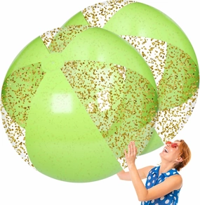 2 Pcs 48'' Giant Beach Balls for Swimming Pool 4 Ft Jumbo Glitter Confetti Inflatable PVC Pool Balls Large Summer Blow up Beach Toys for Adults Summer Outdoor Party Favor(Green)